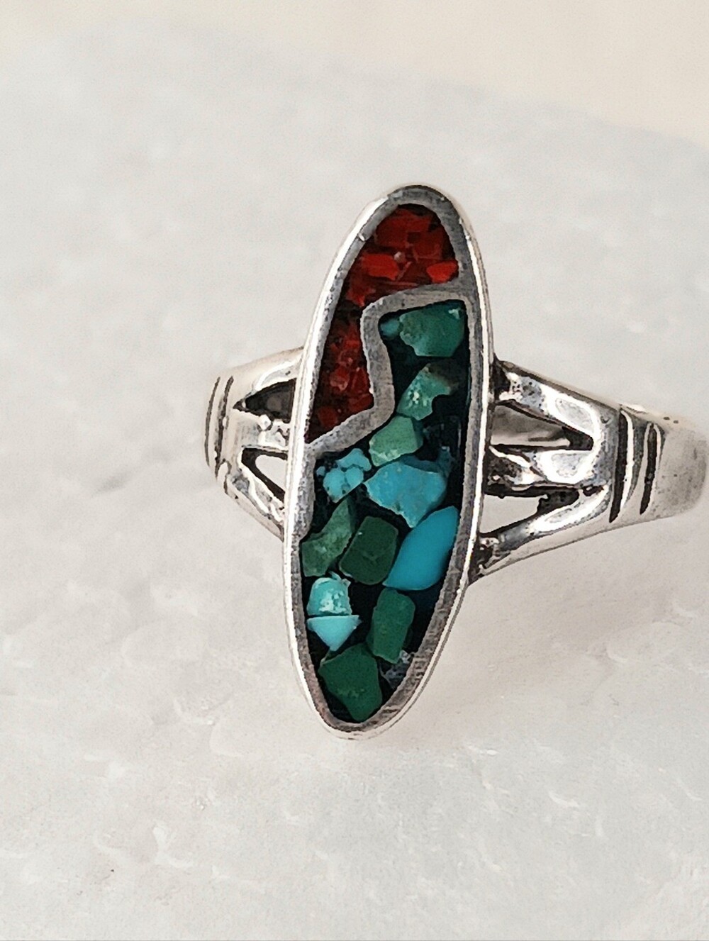Ring Sz 4.75 925 Turquoise Coral Mosaic Chips Inlay Native American Handmade